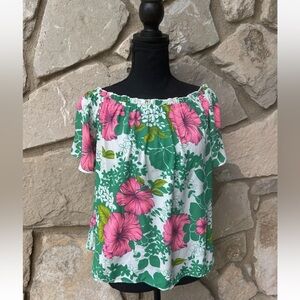 IZZY & LOLA Top Medium Pink Green‎ Floral On/Off Shoulder Flutter Sleeves EC